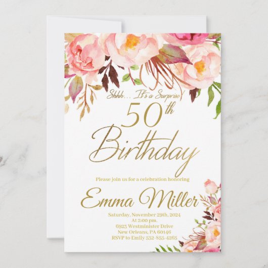 Invitation Boho Floral et Gold Surprise 50e anniversaire (Devant)