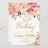 Invitation Boho Floral et Gold Surprise 50e anniversaire (Devant / Derrière)