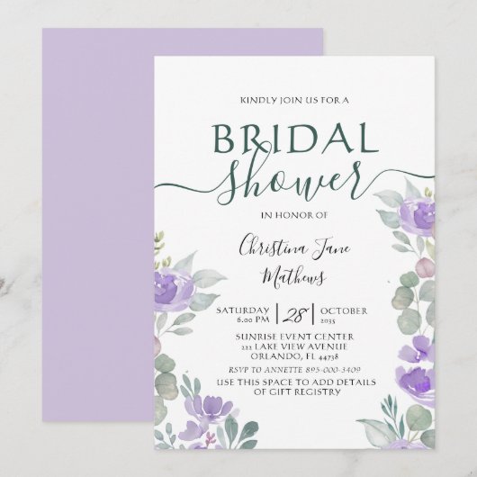 Invitation Boho Floral Eucalyptus Purple Fête des mariées (Devant / Derrière)