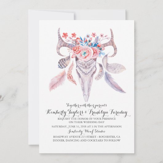Invitation Boho Floral Feathers Deer Antlers Mariage (Devant)