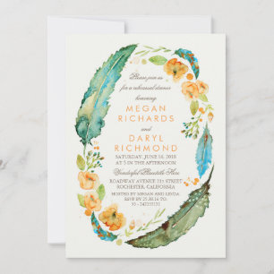 Invitation Boho Floral Feathers Dîner de répétition Turquoise