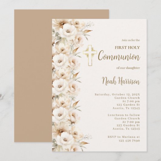 Invitation Boho Floral First Communion Boy (Devant / Derrière)
