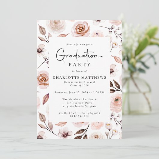 Invitation Boho Floral Frame Photo Graduation (Debout devant)