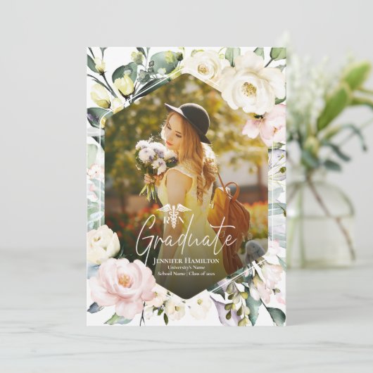 Invitation Boho Floral Frame Photo Médicale Graduation Party (Debout devant)
