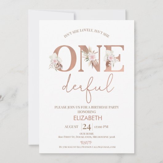 Invitation Boho Floral Girls Onederful 1er anniversaire (Devant)