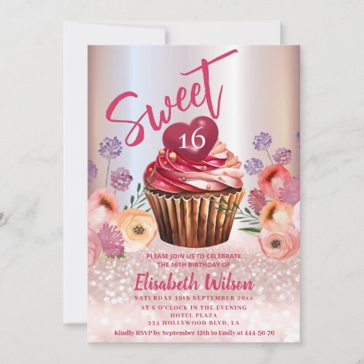Invitation Boho floral Girly cupcake Rose or gliterie (Devant)