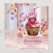Invitation Boho floral Girly cupcake Rose or gliterie (Devant / Derrière)