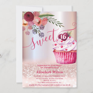 Invitation Boho floral Girly cupcake Rose or gliterie