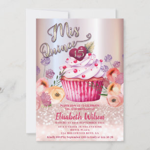 Invitation Boho floral Girly cupcake Rose or gliterie