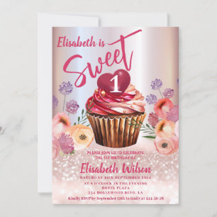 Invitation Boho floral Girly cupcake Rose or gliterie