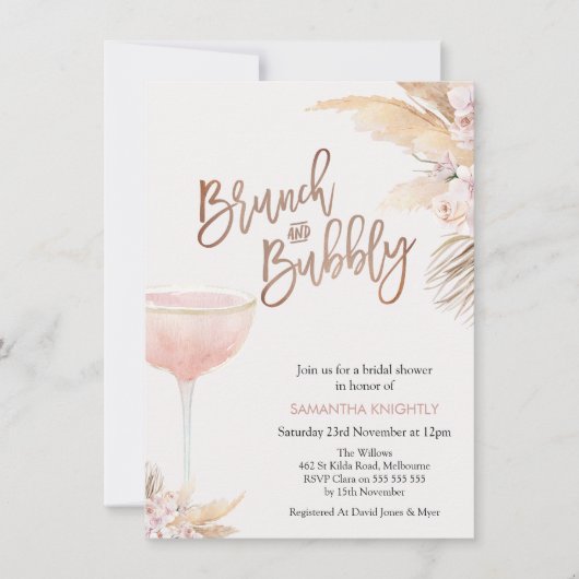 Invitation Boho Floral Glass Brunch Fête des mariées Bubbly (Devant)