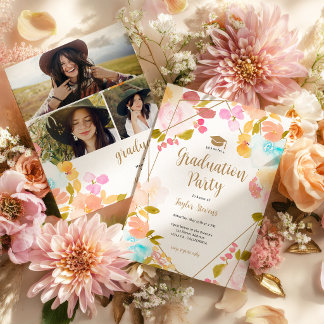 Invitation Boho Floral Gold Geometric Modern Photo Graduation