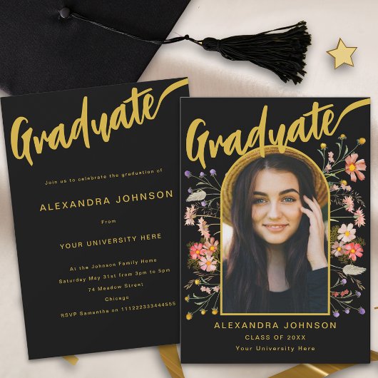 Invitation Boho Floral Graduate Photo Script Graduate Party