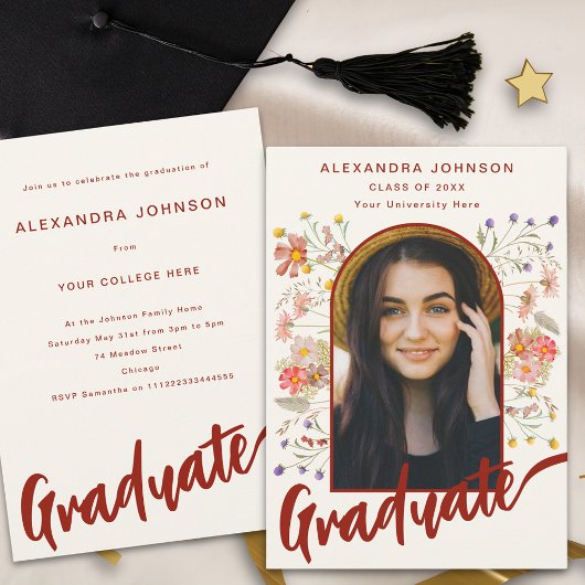 Invitation Boho Floral Graduate Photo Script Graduate Party