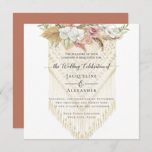 Invitation BOHO Floral Green Pampas Grass Blush Mariage (Devant / Derrière)