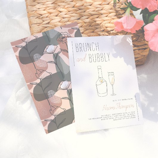 Invitation Boho Floral Green & Pink Champagne Brunch & Bubbly