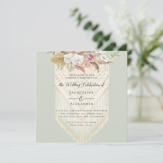 Invitation BOHO Floral Greenery Pampas Grass Mariage Macrame (Debout devant)