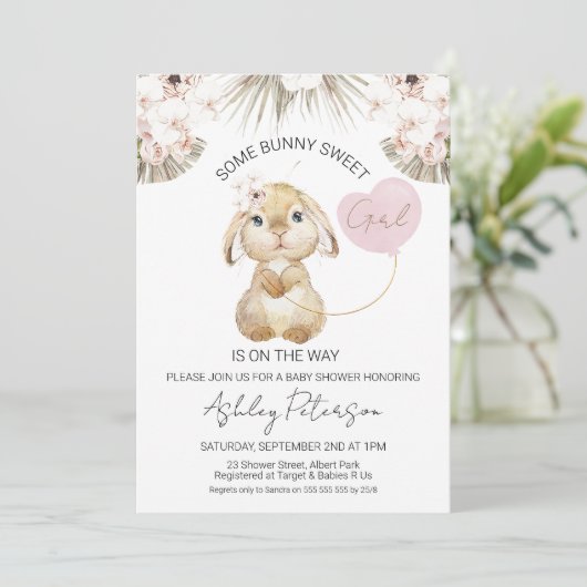 Invitation Boho Floral Heart Balloon Baby shower Bunny (Debout devant)