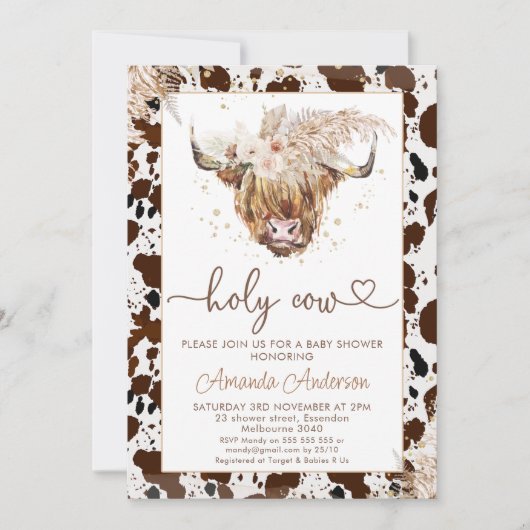 Invitation Boho Floral Highland Cow Heart Baby shower texte (Devant)