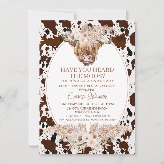 Invitation Boho Floral Highland Vache Baby shower de vache (Devant)