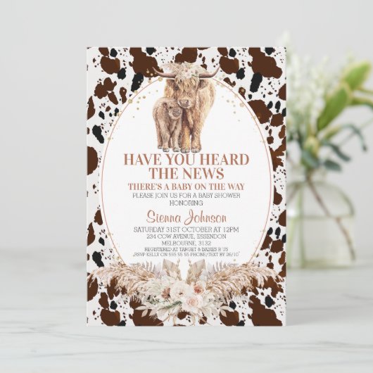 Invitation Boho Floral Highland Vache Baby shower de veau (Debout devant)