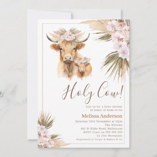 Invitation Boho Floral Highland Vache Baby shower de veau (Devant)