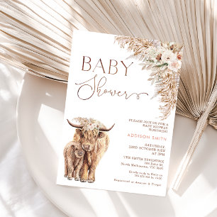 Invitation Boho Floral Highland Vache Baby shower de veau