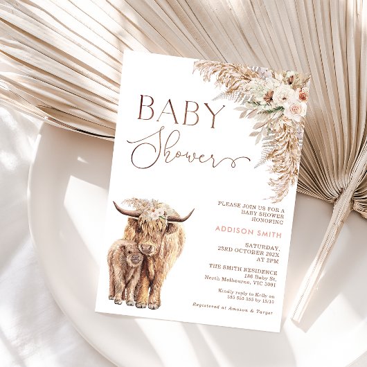 Invitation Boho Floral Highland Vache Baby shower de veau