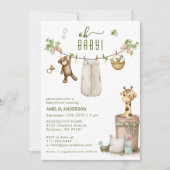 Invitation Boho Floral Jungle Clothline Animals Baby Shower  (Devant)