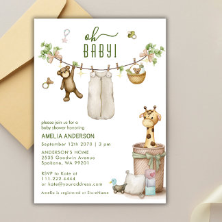 Invitation Boho Floral Jungle Clothline Animals Baby Shower 