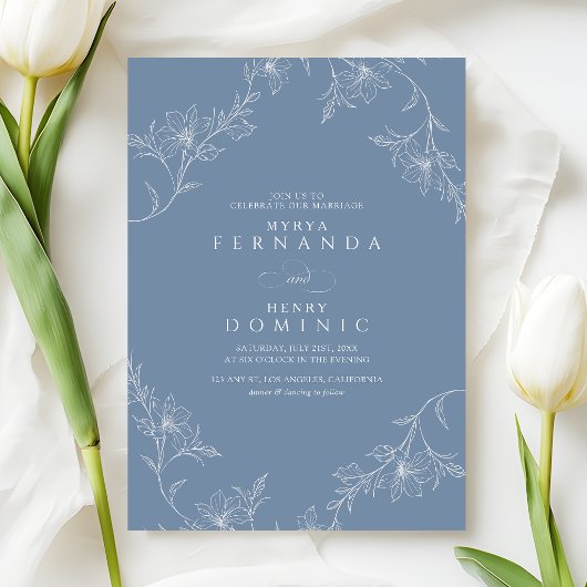 Invitation Boho Floral Line Art Dusty Blue Wedding