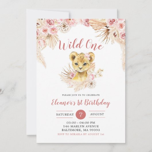Invitation Boho Floral Lion Cub Wild Un Anniversaire Invitati (Devant)