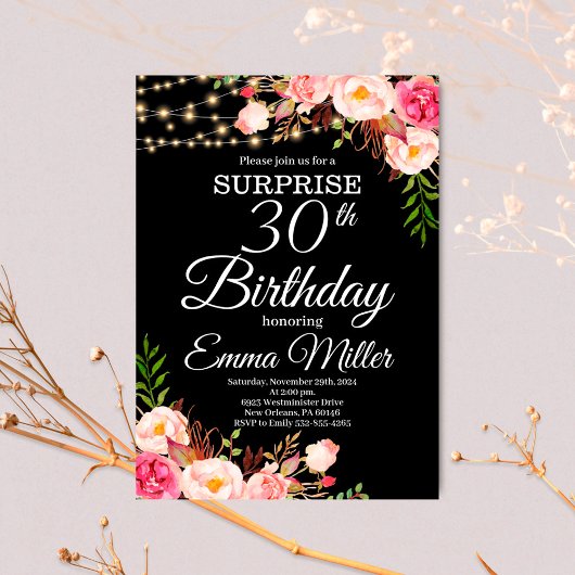 Invitation Boho Floral & Lumières Surprise 30e anniversaire