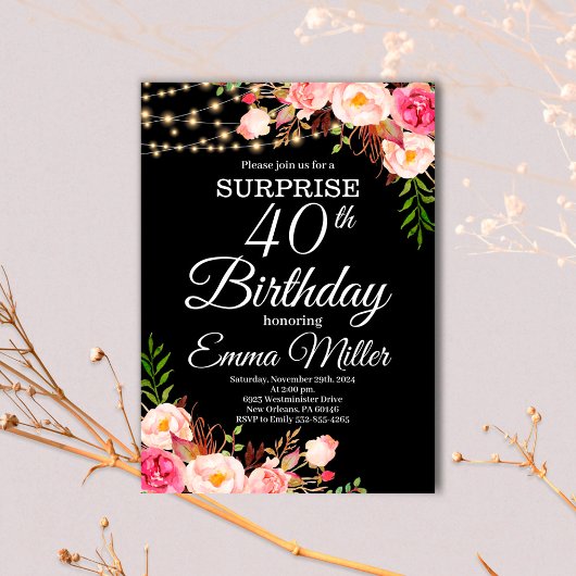 Invitation Boho Floral & Lumières Surprise 40e anniversaire
