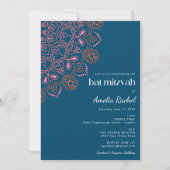 Invitation Boho Floral Mandala Turquoise Bat mitzvah bleu (Devant)