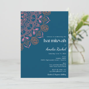 Invitation Boho Floral Mandala Turquoise Bat mitzvah bleu