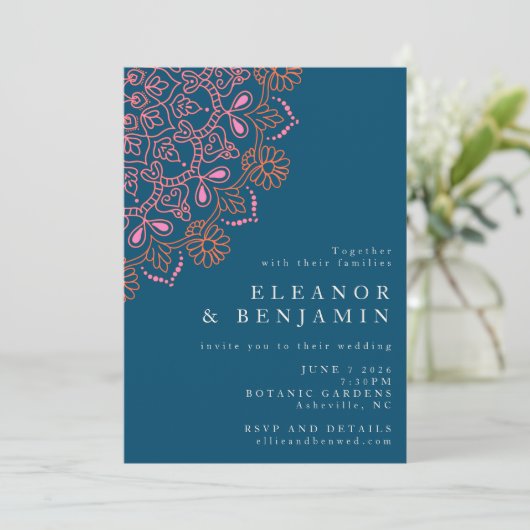 Invitation Boho Floral Mandala Turquoise Bleu Élégant Mariage (Debout devant)