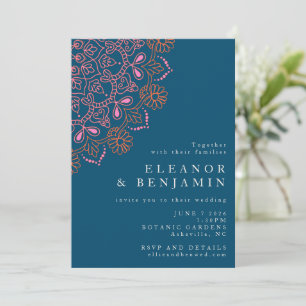 Invitation Boho Floral Mandala Turquoise Bleu Élégant Mariage