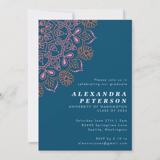 Invitation Boho Floral Mandala Turquoise Blue Graduation Part (Devant)
