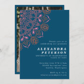 Invitation Boho Floral Mandala Turquoise Blue Graduation Part (Devant / Derrière)