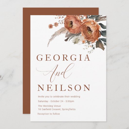 Invitation Boho Floral Mariage de automne (Devant / Derrière)