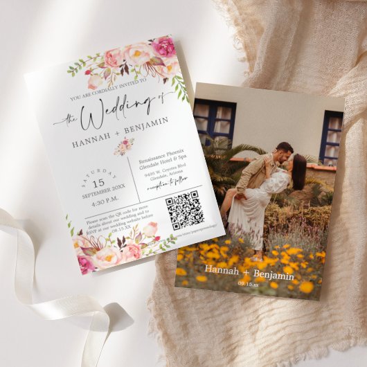 Invitation Boho Floral Mariage Script minimal QR Code photo