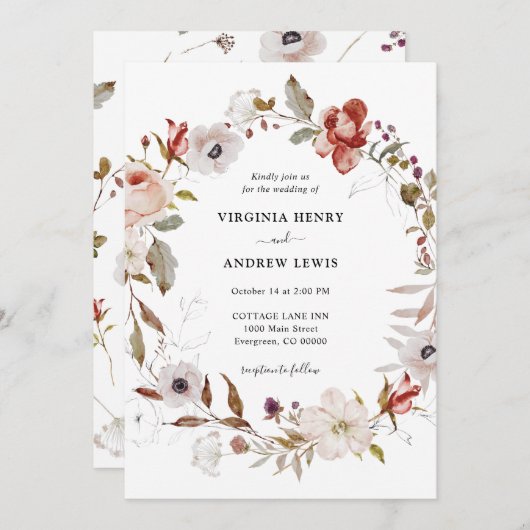 Invitation Boho Floral Mariage Wreath (Devant / Derrière)