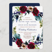 Invitation Boho Floral Marsala Marine Blue Wedding (Devant / Derrière)