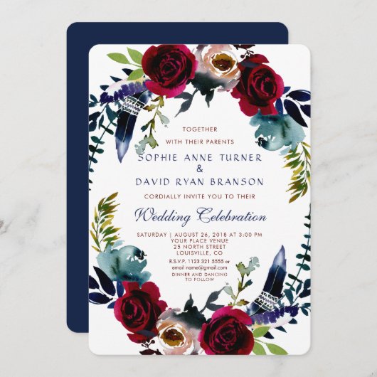 Invitation Boho Floral Marsala Marine Blue Wedding (Devant / Derrière)