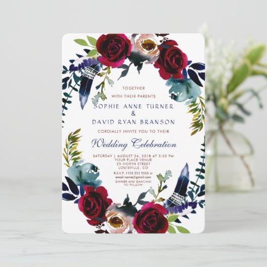 Invitation Boho Floral Marsala Marine Blue Wedding (Debout devant)