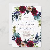 Invitation Boho Floral Marsala Marine Blue Wedding (Devant)