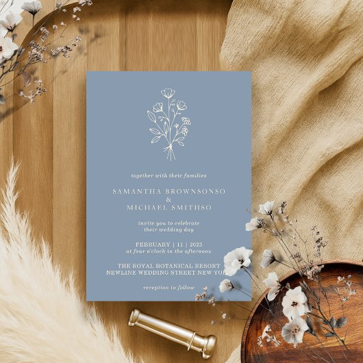 Invitation Boho floral minimal Botanique Dusty Mariage bleu