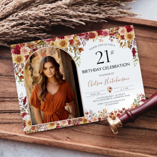 Invitation Boho Floral moderne photo 21e anniversaire