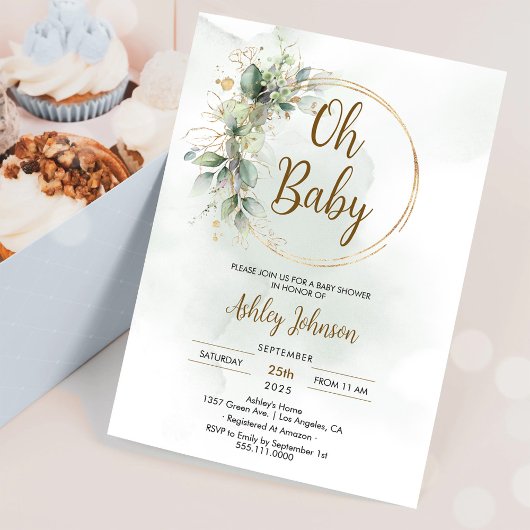 Invitation Boho Floral Oh Baby Baby shower vert et or